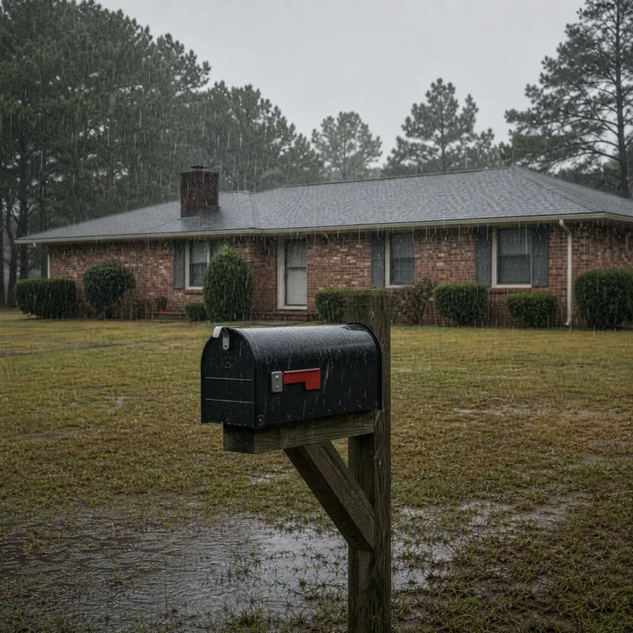 A black mailbox with a red flag on a weathered wooden post stands in a wet, partly flooded lawn in front of a single-story brick house with a shingled roof and chimney, with pine trees behind it under a grey rainy sky.