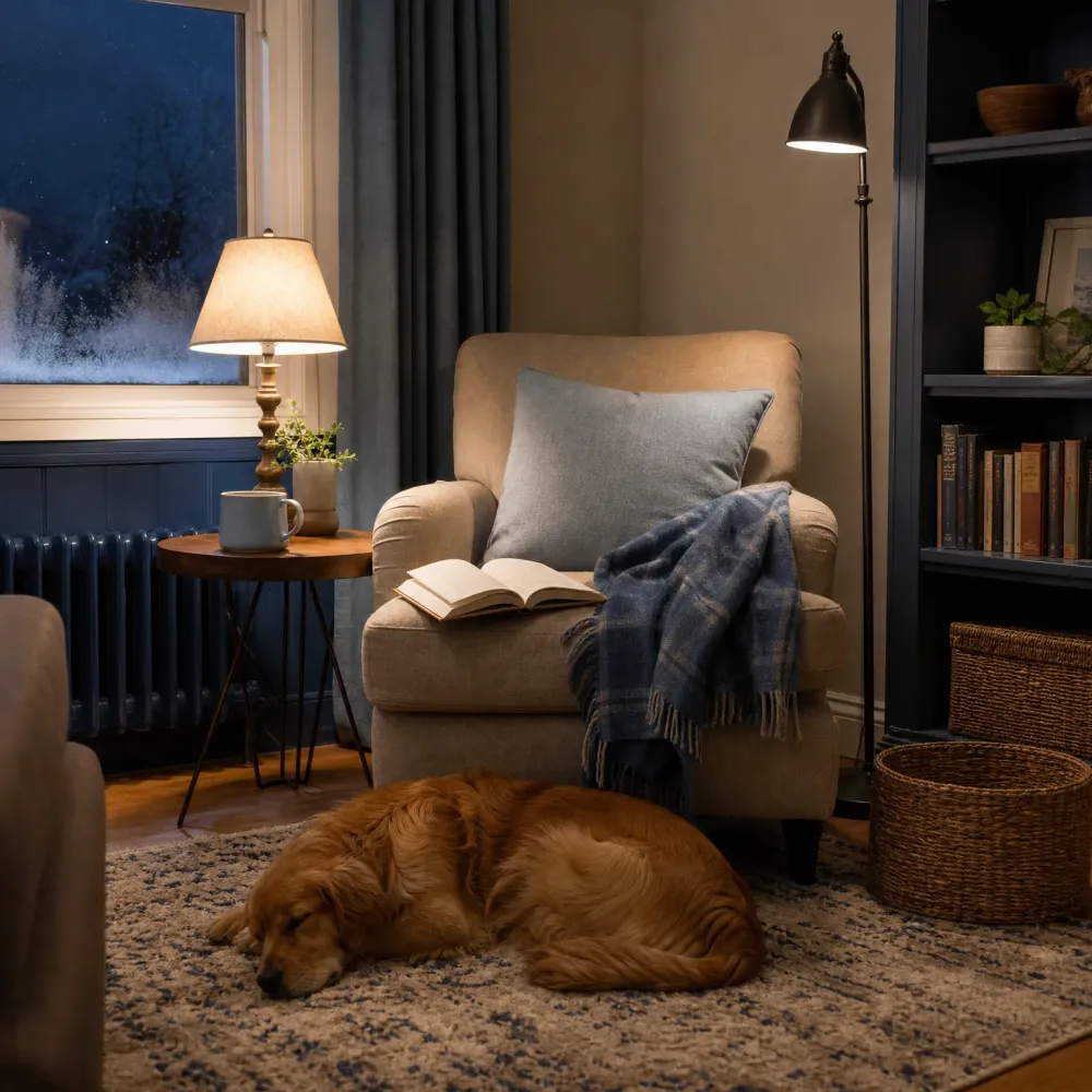 A dimly lit interior corner with a beige armchair holding a gray cushion, plaid blanket and open book, a lit table lamp and mug on a round side table, a floor lamp, dark bookshelves, and a golden-colored dog sleeping on a patterned rug beside a window showing snow outside.