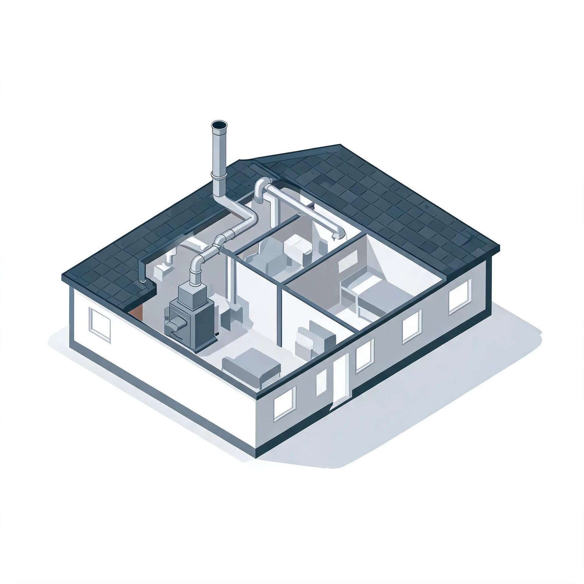 Isometric cutaway illustration of a single-story house with a dark shingled roof, showing interior rooms with furniture and a furnace connected to ductwork and a flue pipe extending above the roof.