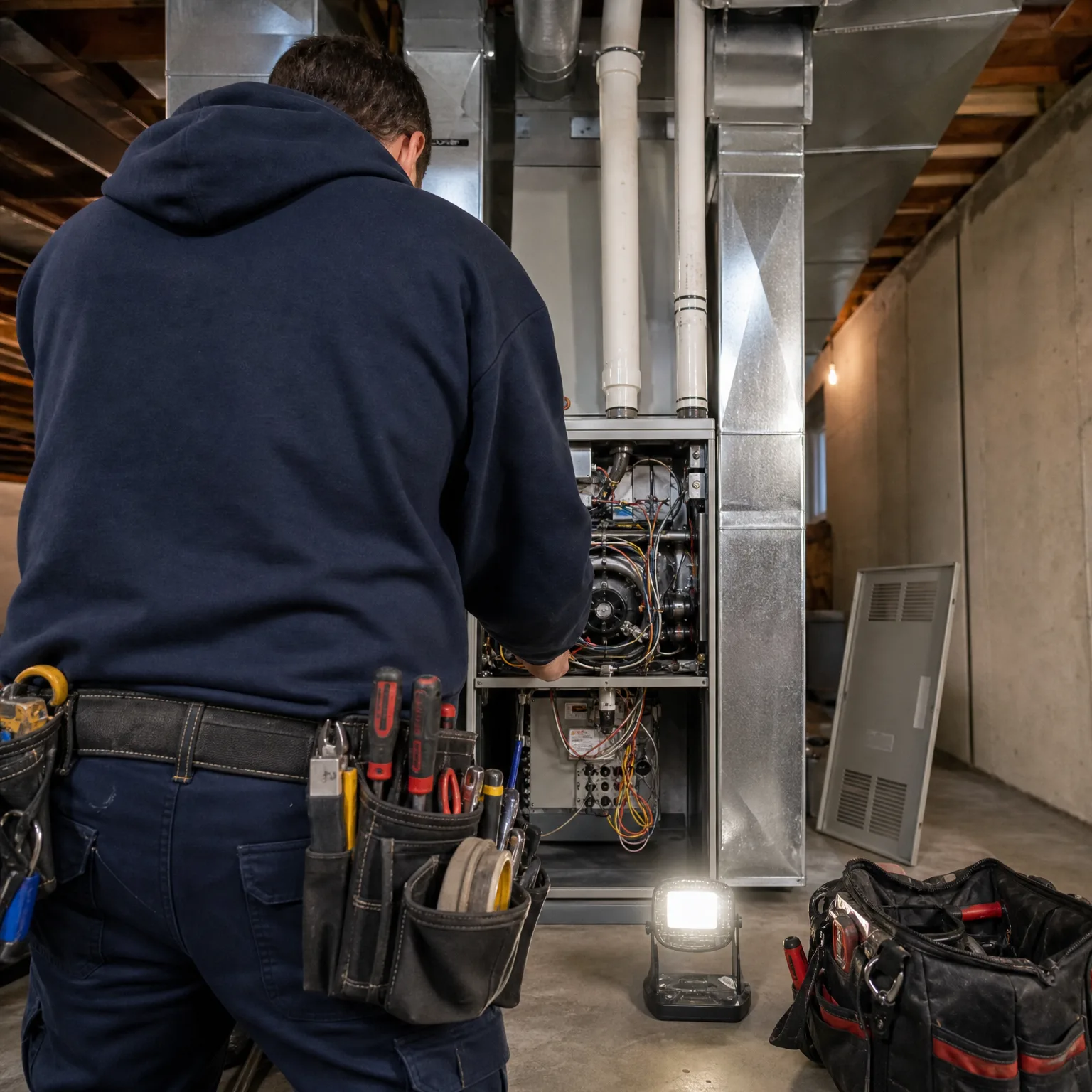 A person in a dark hooded sweatshirt and tool belt works on an open furnace with exposed wiring in a basement, with sheet-metal ductwork, PVC pipes, a portable LED work light, a removed access panel and a tool bag on the concrete floor.