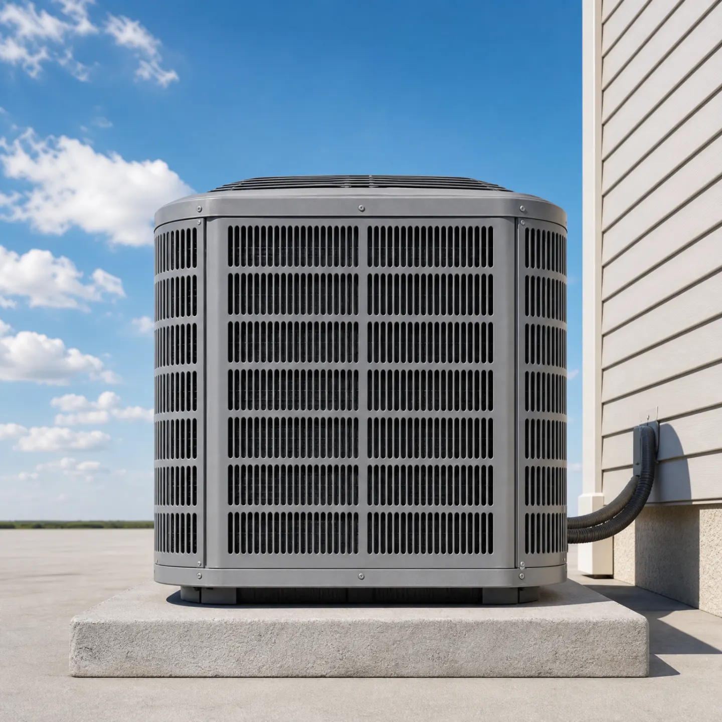 A gray cylindrical air conditioning condenser unit mounted on a concrete pad next to a light-colored vinyl-sided house exterior.