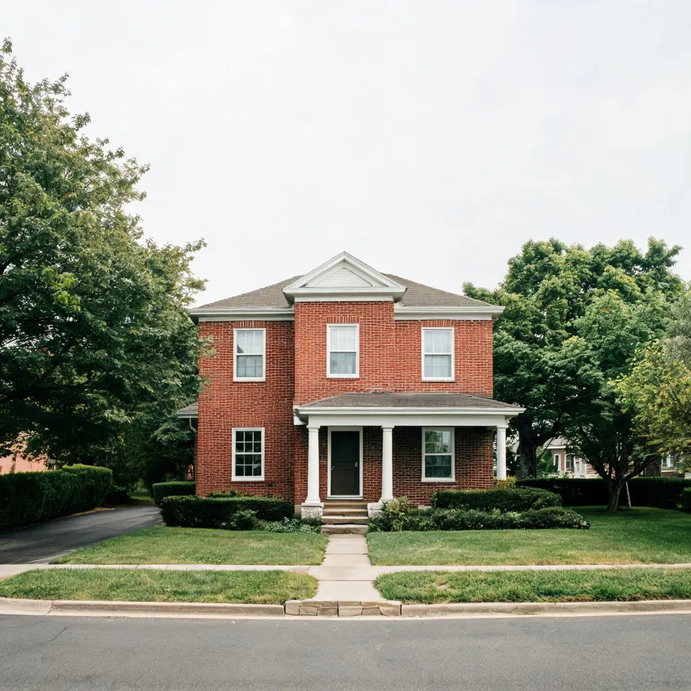 A two-story red brick house with white trim, a columned front porch, and a dark front door, set behind a lawn, sidewalk, and street, with green deciduous trees and hedges on both sides under an overcast sky.