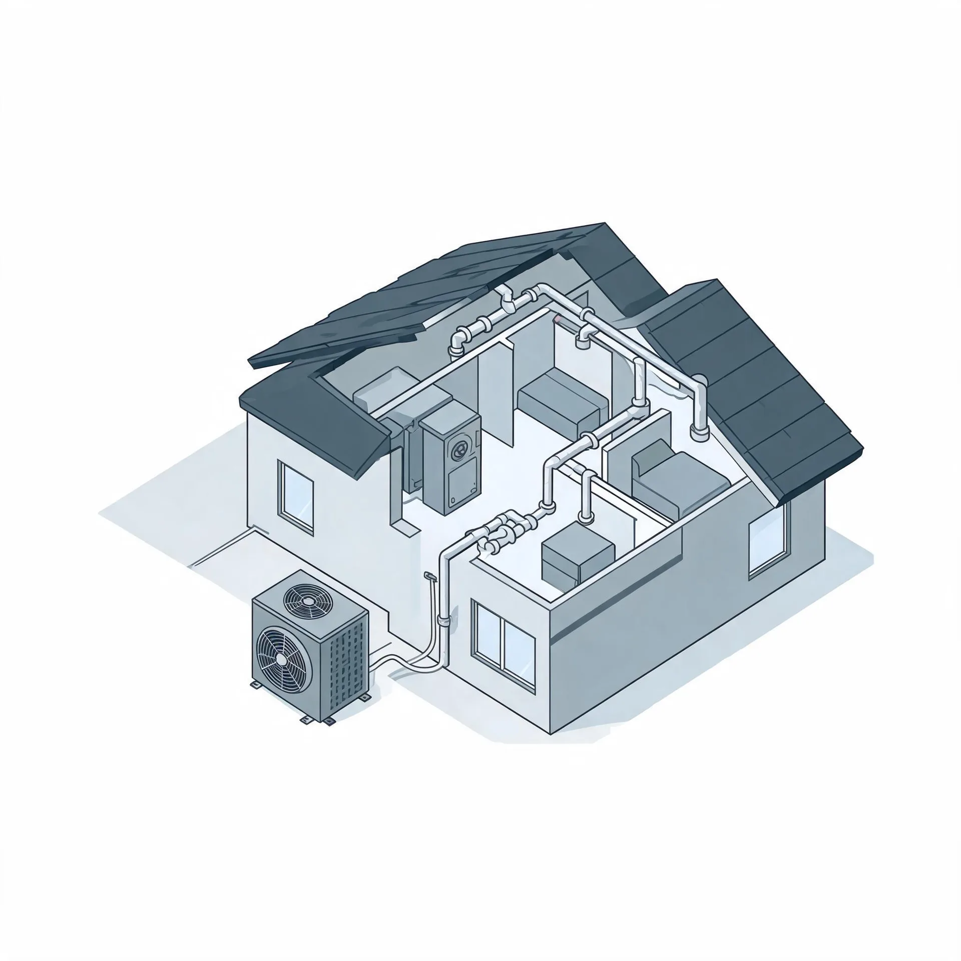 Isometric grayscale illustration of a cutaway two-story house showing interior ductwork, an indoor air handler unit, and an outdoor condenser unit on a pad beside the building.