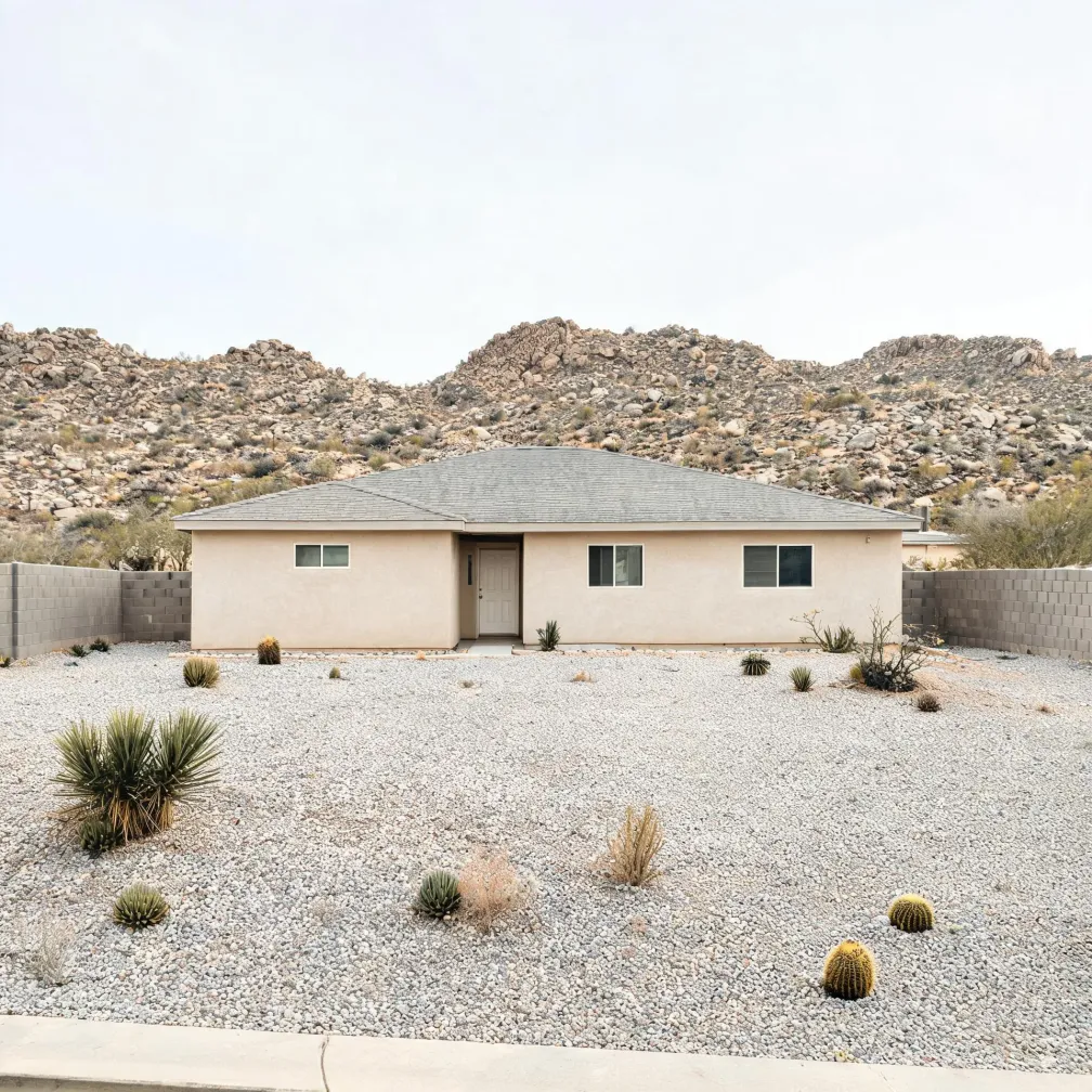 A single-story beige stucco house with a gray hipped roof, flanked by concrete block walls, set behind a gravel yard with barrel cacti, agaves and dry shrubs, with a rocky boulder-covered hill and pale overcast sky behind.