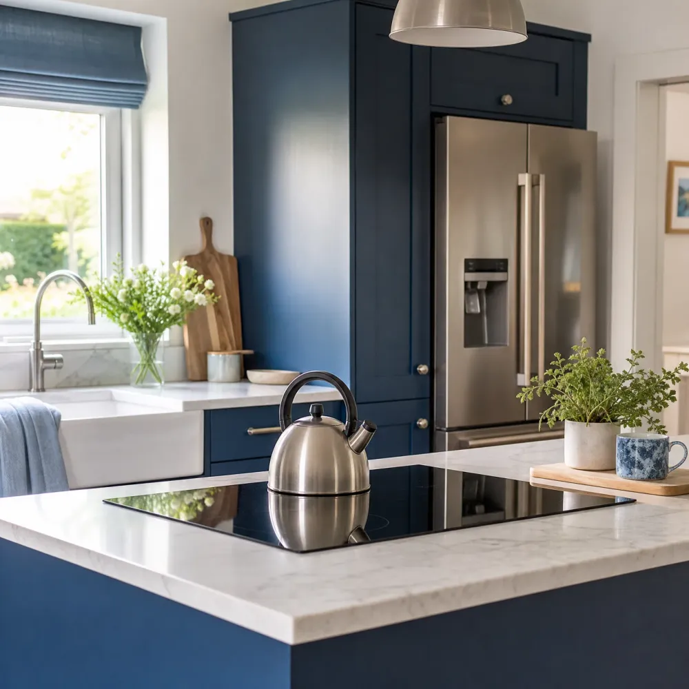 A kitchen with navy blue cabinets, a white marble-look island with a black induction cooktop and stainless steel kettle, a stainless refrigerator, a farmhouse sink under a window with a blue roman shade, and potted greenery with a blue mug on a wooden board.