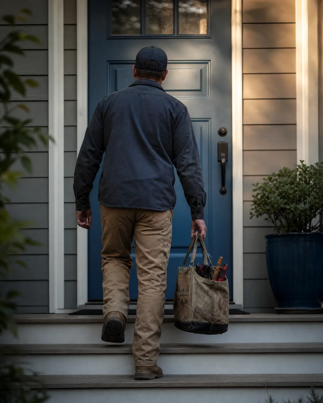 A man in a dark cap, dark shirt and tan work pants walks up wooden steps toward a blue front door, carrying a worn canvas tool bag in his right hand, with a potted shrub beside the entry.