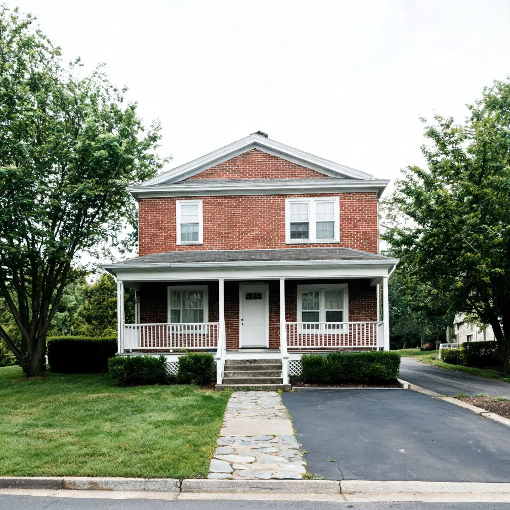A two-story red brick house with a white covered front porch, white-trimmed windows and door, a stone walkway and asphalt driveway, surrounded by lawn and green trees.
