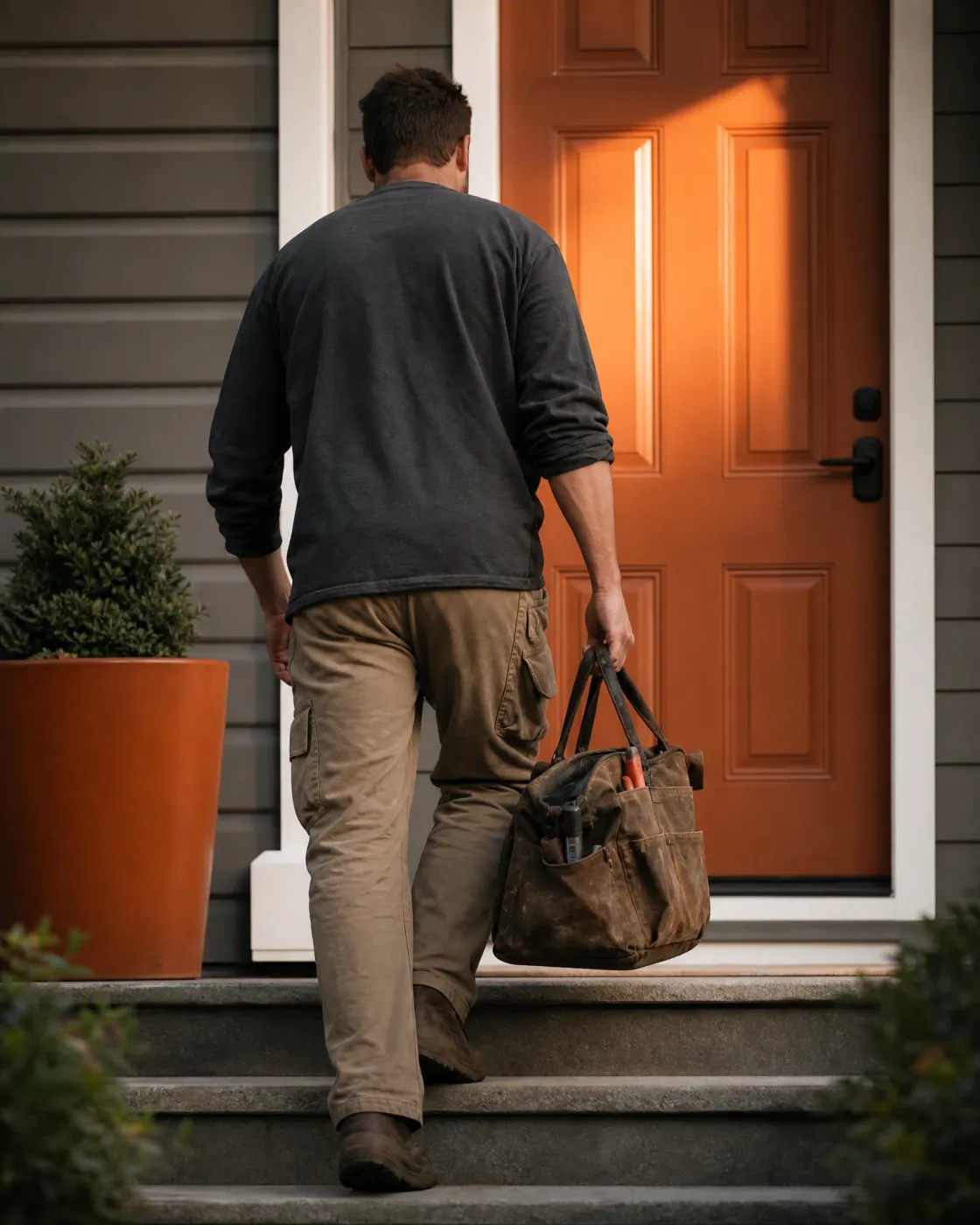 A man in a dark long-sleeve shirt and tan work pants walks up concrete steps toward an orange front door, carrying a waxed canvas tool bag in his right hand, with a potted shrub beside the gray-sided house.