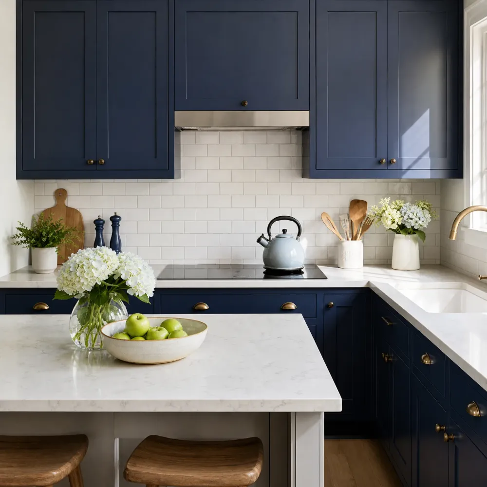 A kitchen with navy blue shaker cabinets, white subway tile backsplash, light stone countertops, a stainless range hood over a cooktop with a pale blue kettle, and an island holding a vase of white hydrangeas and a bowl of green apples with wooden stools.
