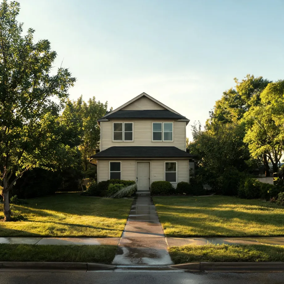 A two-story house with cream horizontal siding, a dark gabled roof, and a white front door, fronted by a lawn, shrubs, and a concrete walkway leading to a sidewalk and street, with large leafy trees on both sides.