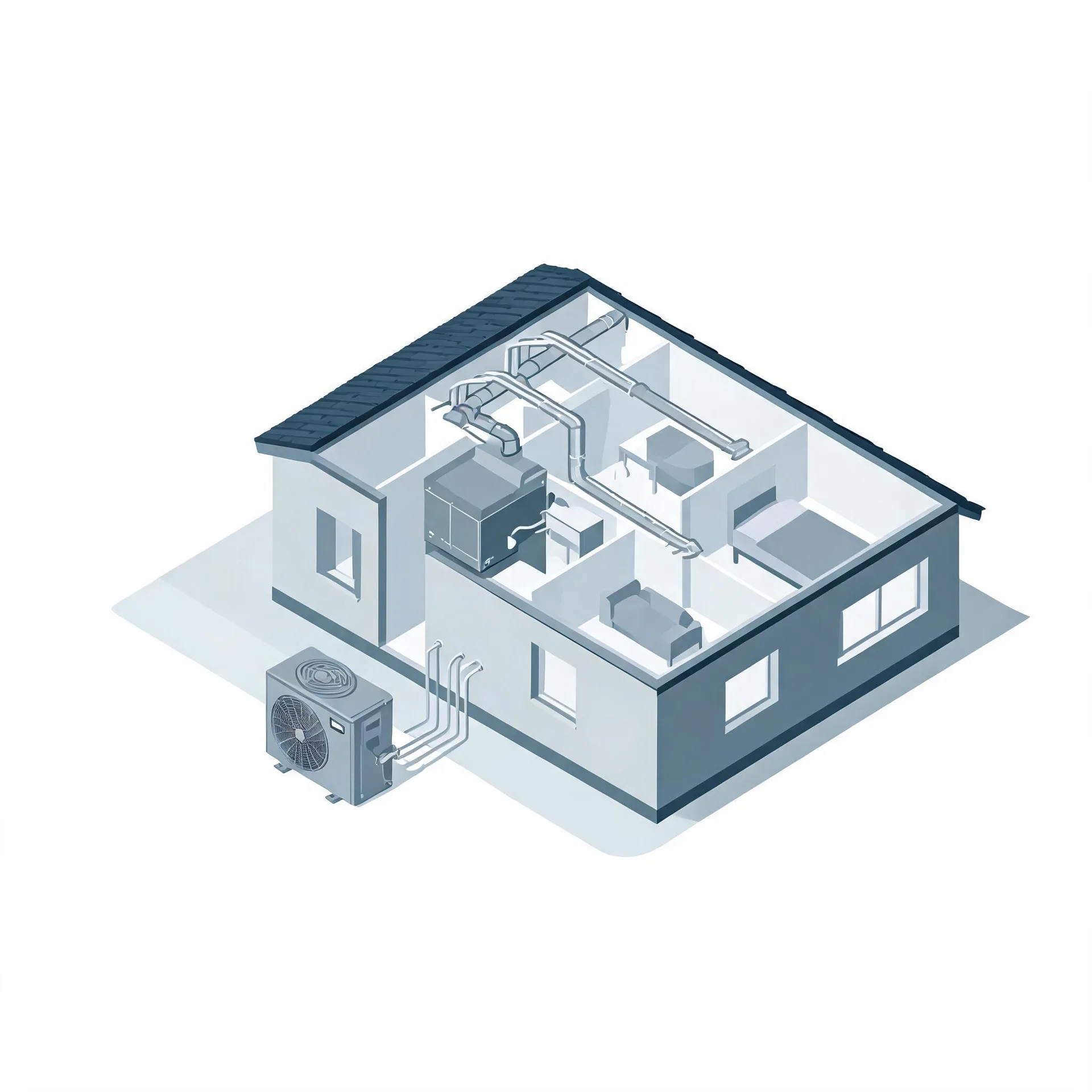 Isometric cutaway illustration of a single-story house showing interior rooms with ductwork, an indoor air handler unit, and an outdoor condenser unit connected by lines along the exterior wall.