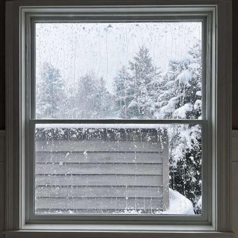 View through a condensation-streaked double-hung window of snow-covered conifers and a gray horizontal wood-sided wall outside.