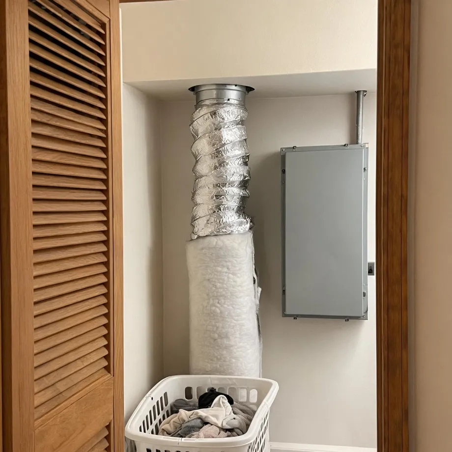 A narrow closet with louvered wooden bifold doors partly open, showing a flexible foil duct running from the ceiling into a white insulation-wrapped section, a gray electrical panel on the right wall, and a white laundry basket with clothes on the floor.