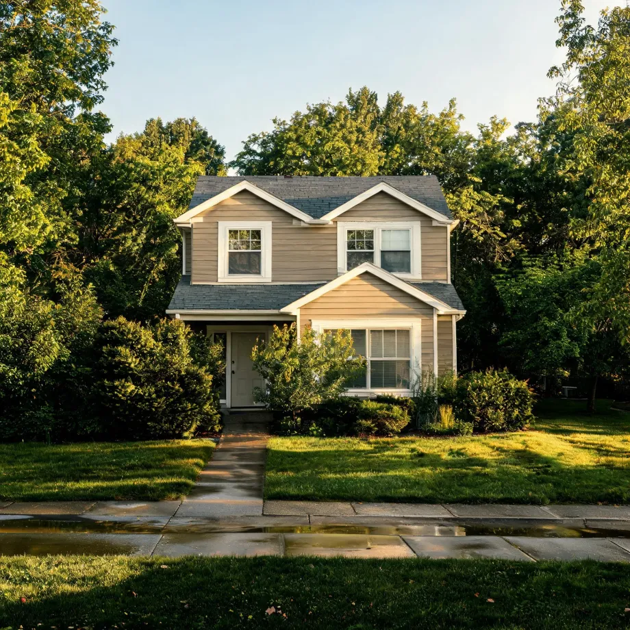 Two-story house with tan horizontal siding, white-trimmed windows and gray shingled roof, fronted by shrubs, a lawn and a concrete walkway leading to a wet sidewalk, surrounded by leafy green trees.
