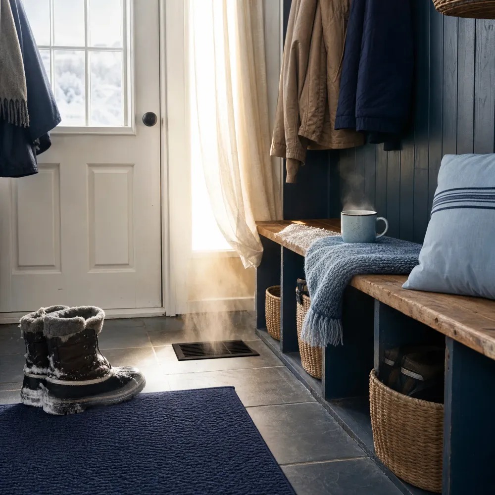 A mudroom with a wooden bench over dark blue paneling, woven baskets underneath, a knit blanket and steaming mug, coats on hooks, snow-dusted winter boots on a stone floor, a floor vent emitting visible steam, and a white door with a window showing snow outside.