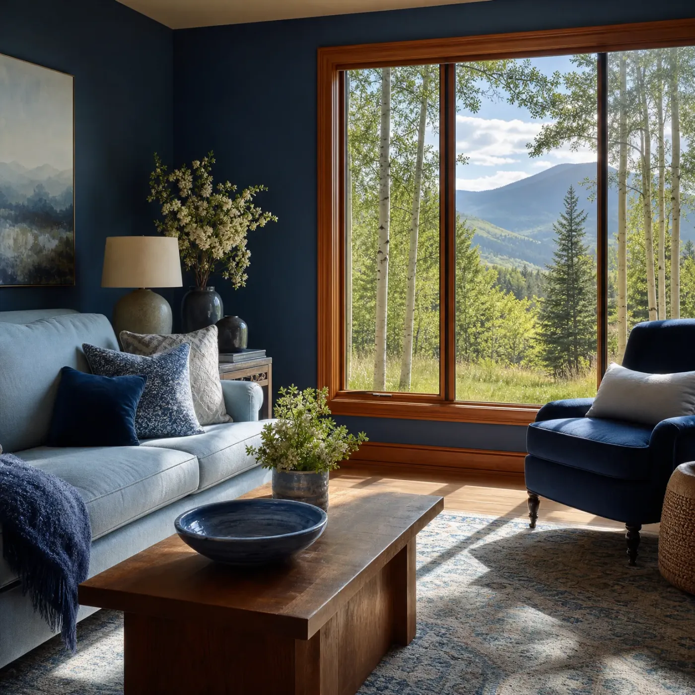 A navy-walled living room with a light gray sofa, navy armchair, wooden coffee table holding a dark bowl, and a large wood-framed window showing aspens, conifers and mountains.