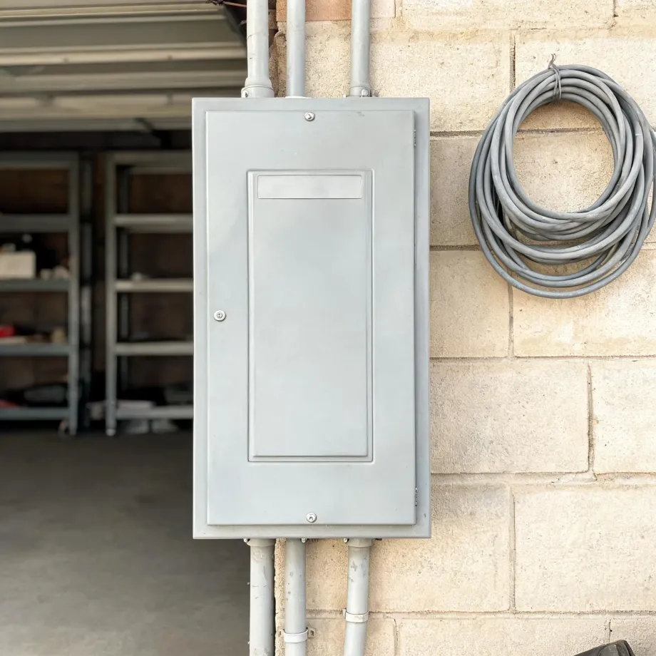 A gray electrical panel with conduit running above and below is mounted on a cream concrete block wall beside a coiled gray cable, with an open garage interior and shelving visible at left.
