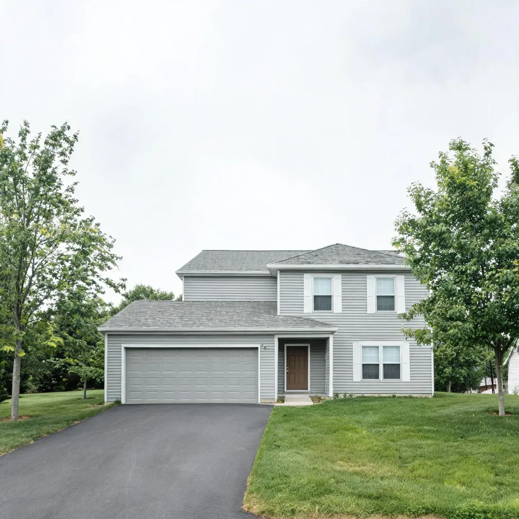 A two-story house with light gray horizontal siding, an attached two-car garage, a brown front door, and white-trimmed windows, fronted by an asphalt driveway, mown lawn, and deciduous trees under an overcast sky.