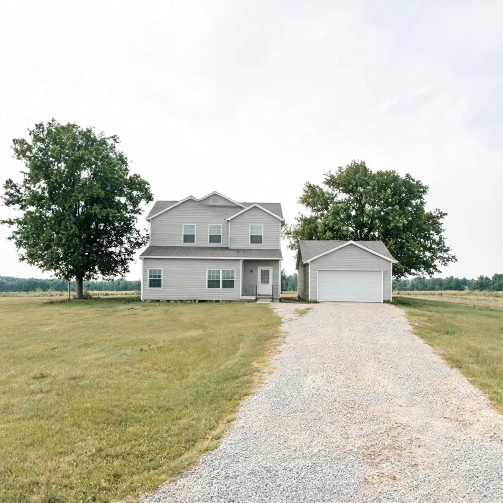 A two-story gray vinyl-sided house with a white front door and an attached two-car garage, set on a flat grassy lot with a wide gravel driveway leading to it and large deciduous trees on either side under an overcast sky.