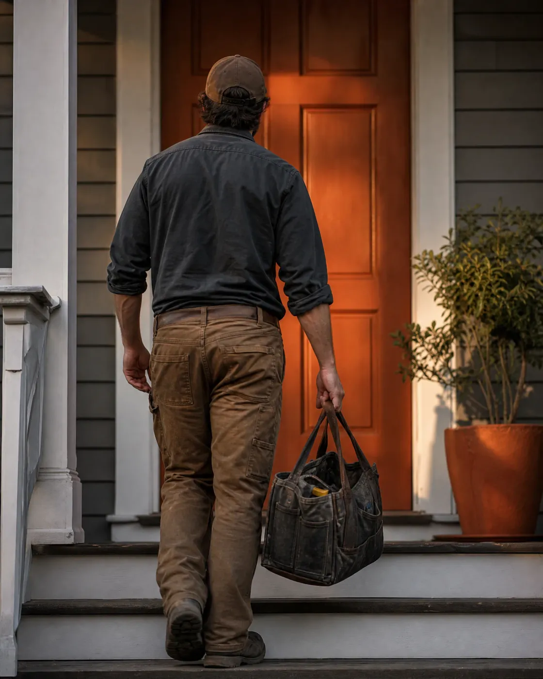 A man in a cap, dark shirt and tan work pants, seen from behind, carries a worn canvas tool bag up porch steps toward an orange front door, with a potted shrub beside the entry.