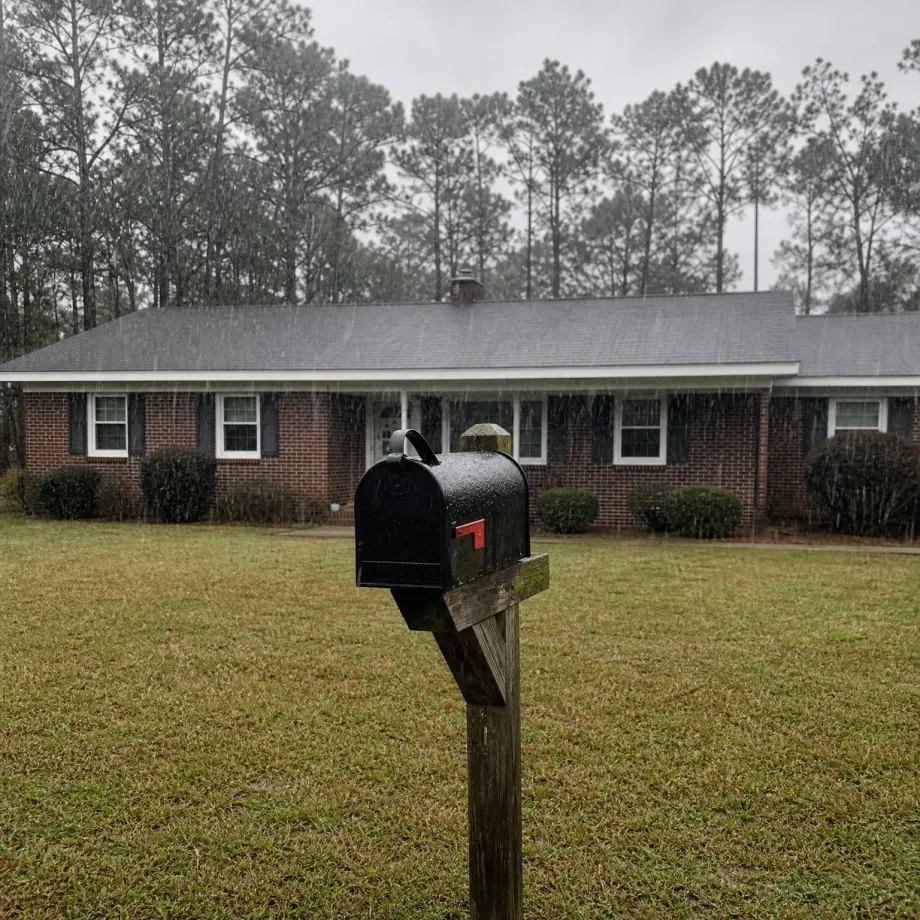 A black mailbox on a weathered wooden post stands in a grassy lawn during rain, with a single-story brick house with a gray roof and tall pine trees behind it.