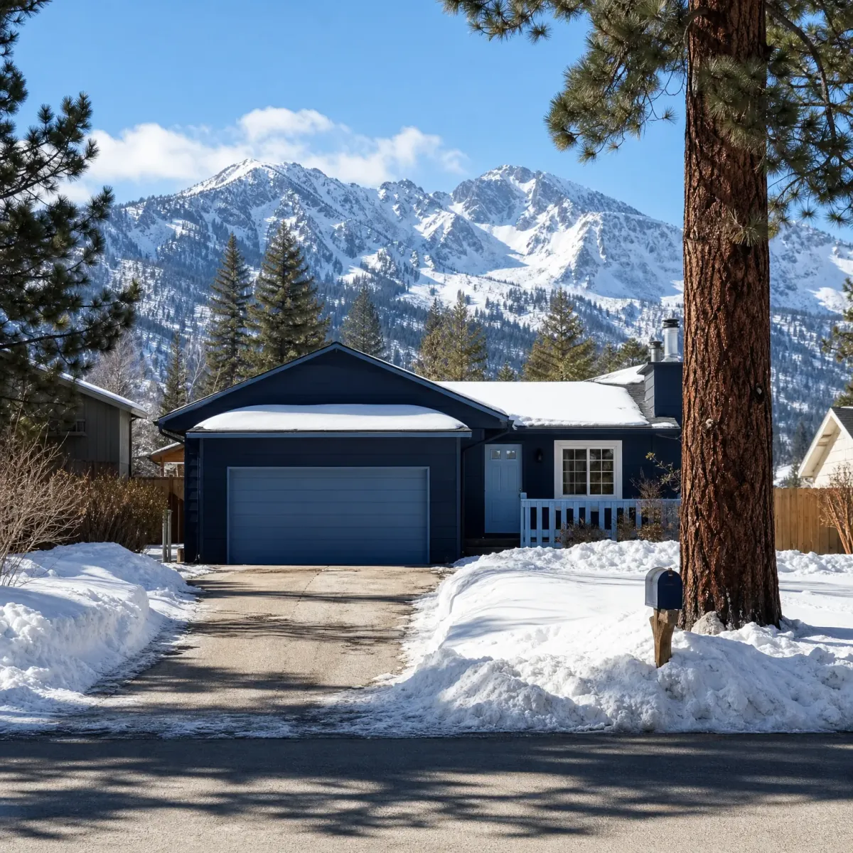 A single-story dark blue house with an attached two-car garage and cleared driveway, surrounded by plowed snowbanks, with a large pine trunk in the foreground and snow-covered mountains behind.