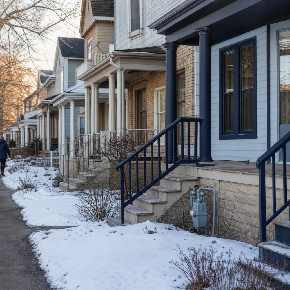A row of houses with covered porches, columns and railings along a snow-covered front yard and sidewalk, with a gas meter on a stone foundation and a person walking in the distance.