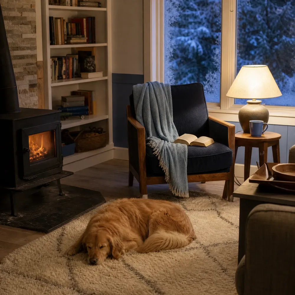 A golden retriever sleeps on a cream shag rug in a dim living room with a lit wood stove, an armchair with a blue throw and open book, a lamp and mug on a side table, built-in bookshelves, and a window showing snowy evergreens.