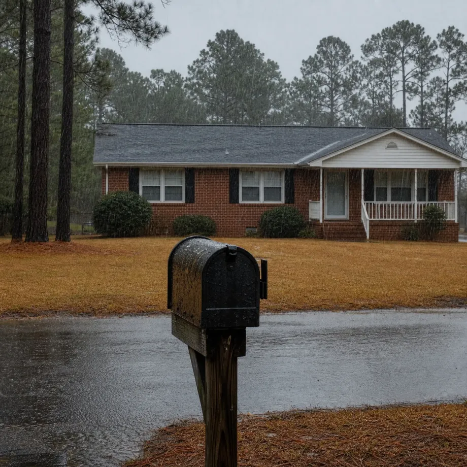 A black mailbox on a wooden post stands beside a wet road in front of a single-story brick house with a gray roof and covered porch, with pine trees behind it and rain falling over a brown lawn.