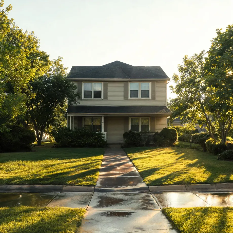 A two-story house with light-colored siding, shuttered windows and a covered porch, fronted by a mown lawn, leafy trees on both sides, and a concrete walkway leading to a wet sidewalk in low sunlight.