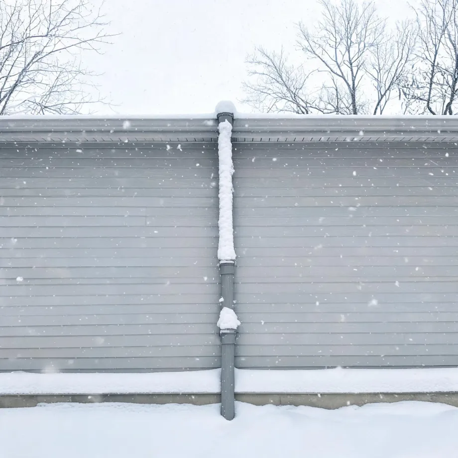 Gray horizontal lap siding on a house exterior with a snow-encrusted downspout running from the gutter to the ground, bare trees behind the roofline, and snow falling.