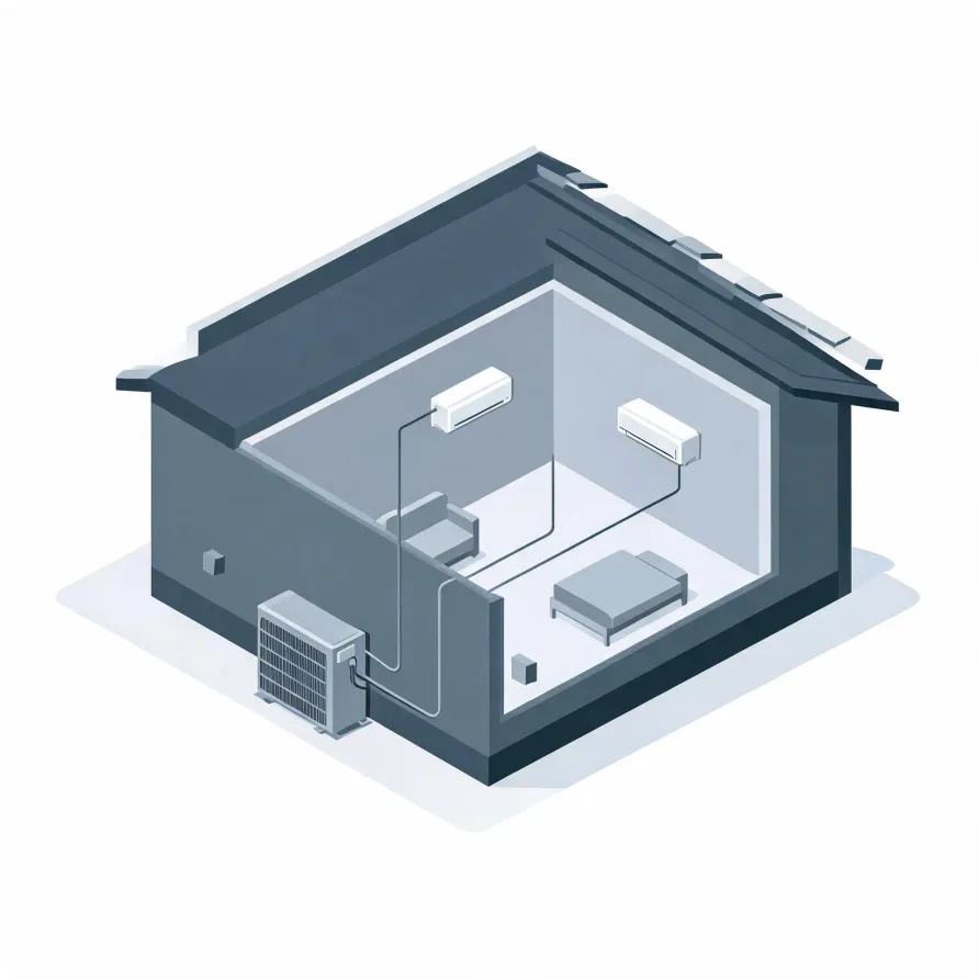 Isometric illustration of a cutaway house interior showing two wall-mounted indoor air conditioning units connected by line sets to an outdoor condenser unit beside the exterior wall.