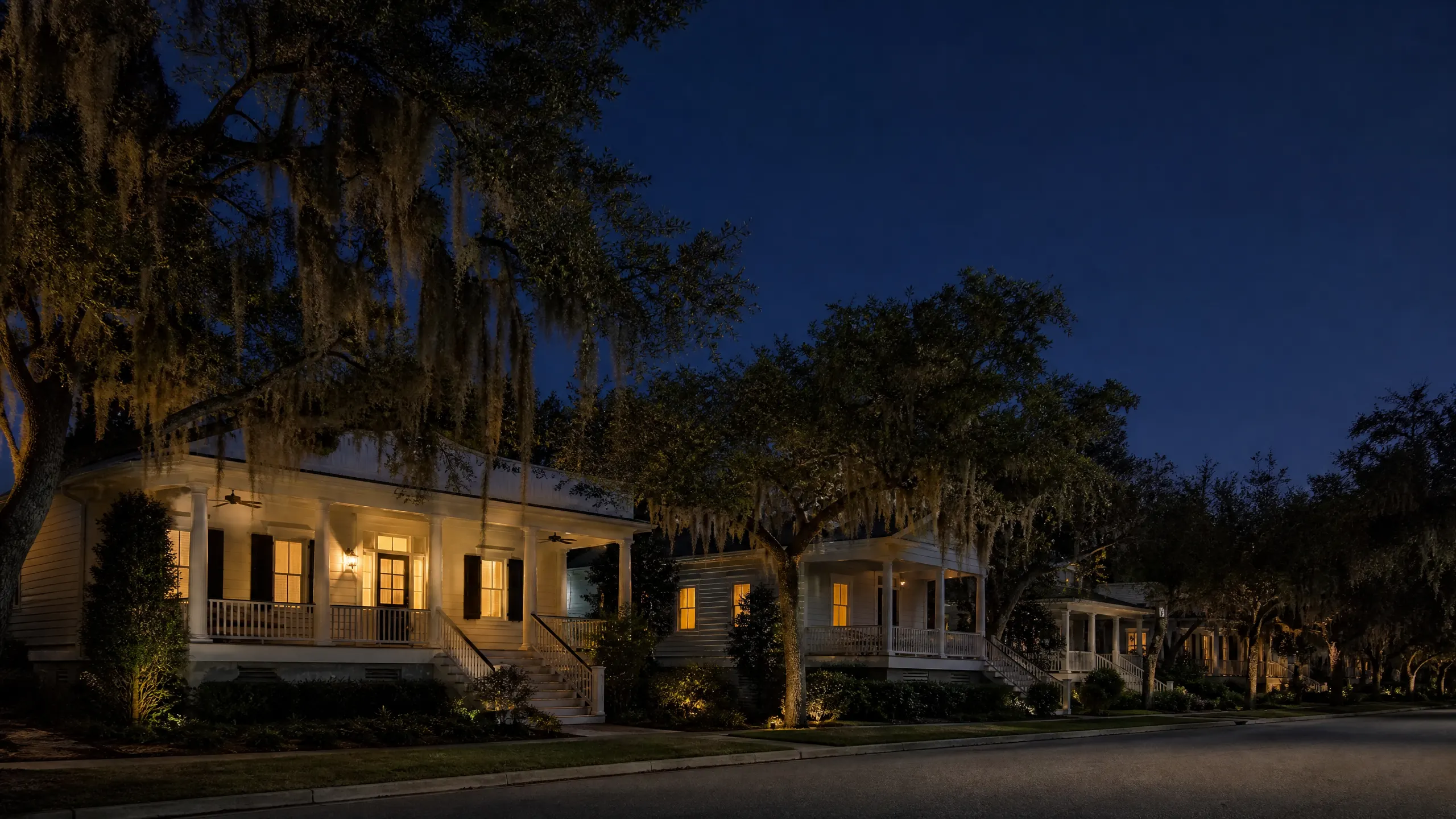 Three white clapboard houses with wraparound porches glow with warm interior and landscape lighting beneath Spanish moss-draped oak trees at dusk.