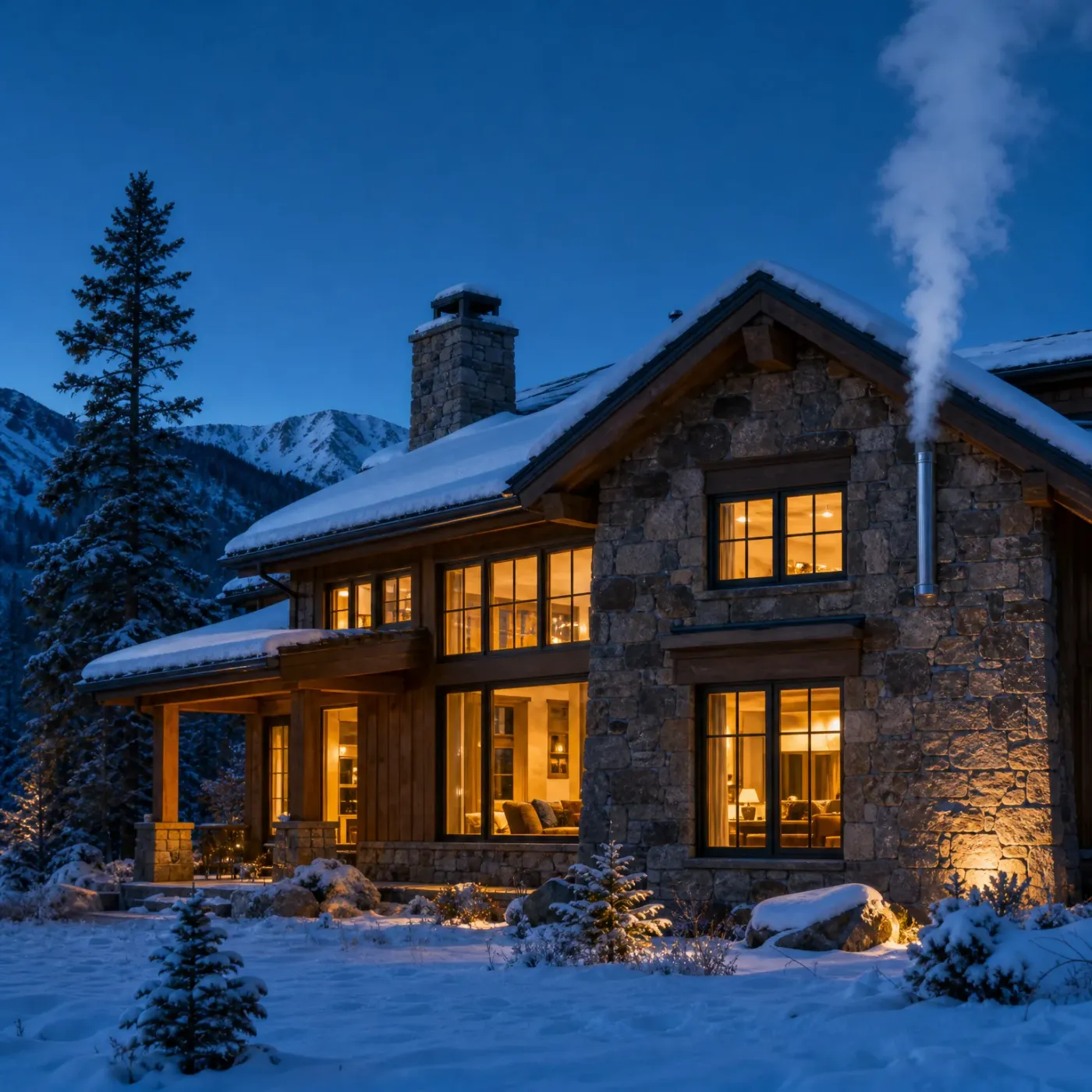 A stone and timber house with lit windows at dusk, snow on the roof and ground, a metal vent pipe on the side wall emitting a white vapour plume, and conifers and mountains behind.
