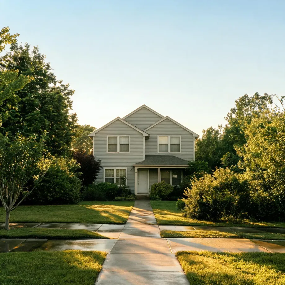 A two-story house with light gray siding and a small front porch, framed by leafy trees and shrubs, with a concrete walkway leading from a wet sidewalk across a green lawn in low sunlight.