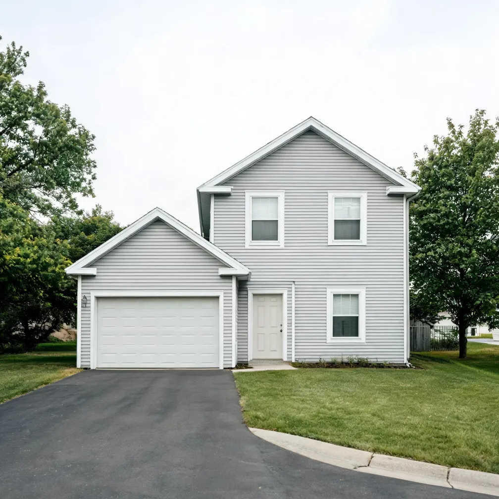 A two-story house with light gray horizontal siding, white trim, a white two-car garage door and white front door, fronted by an asphalt driveway, mown lawn, and deciduous trees under an overcast sky.