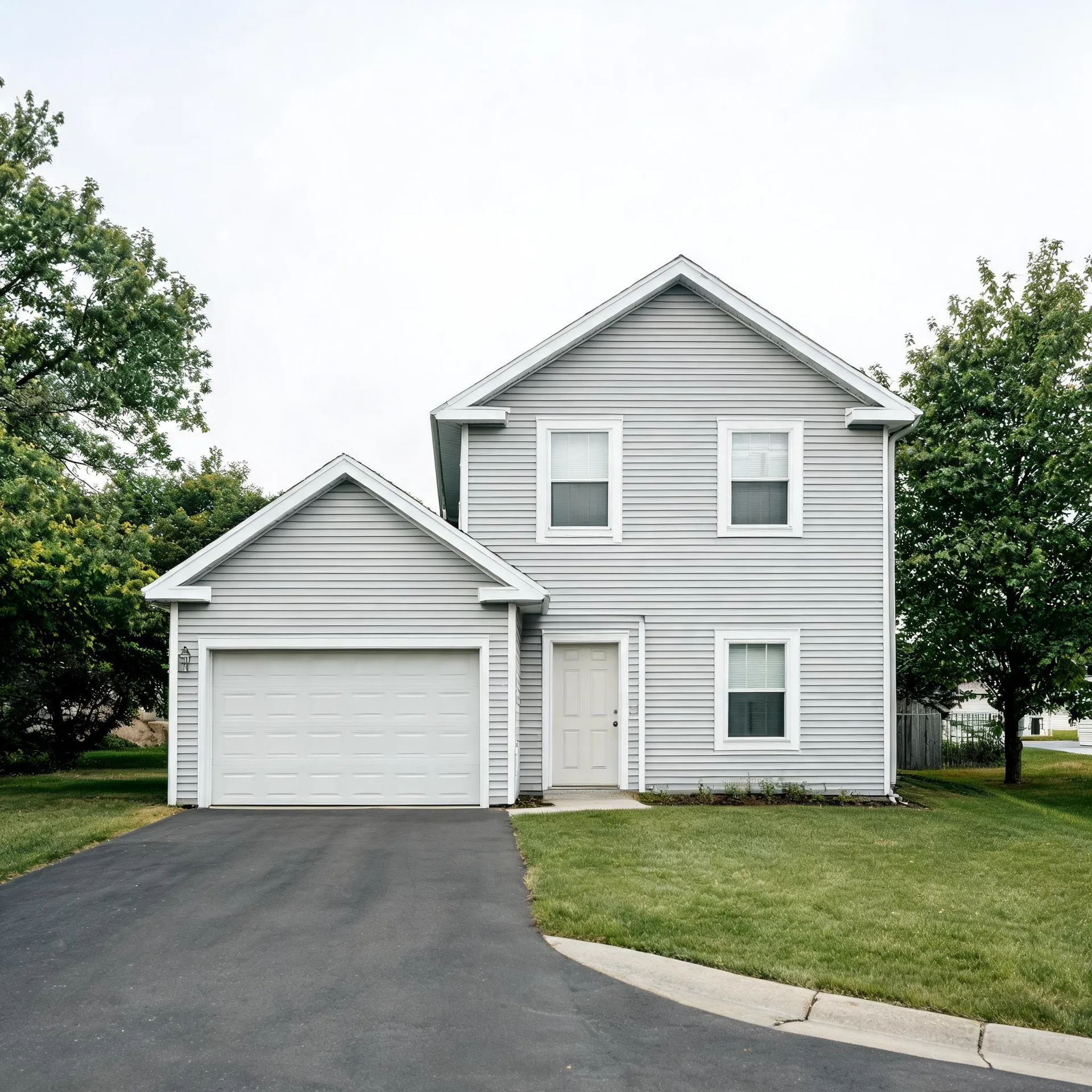 A two-story house with light gray horizontal siding, white trim, a white two-car garage door and white front door, fronted by an asphalt driveway, mown lawn, and deciduous trees under an overcast sky.