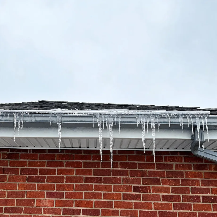 Icicles hanging from a gutter along the edge of a shingled roof above a red brick wall, under an overcast sky.
