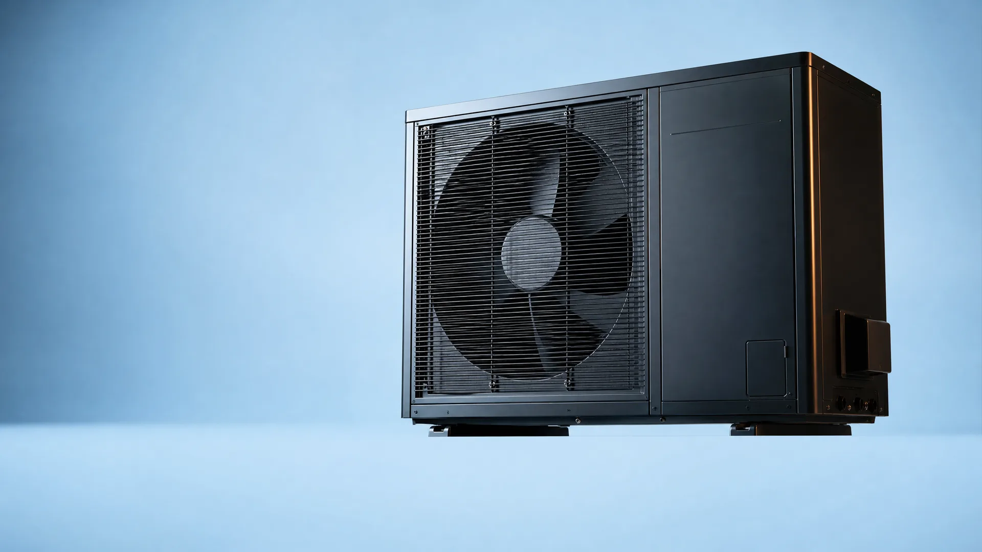 A black monobloc air-source heat pump unit with a large front fan behind a grille, photographed against a plain light blue background.