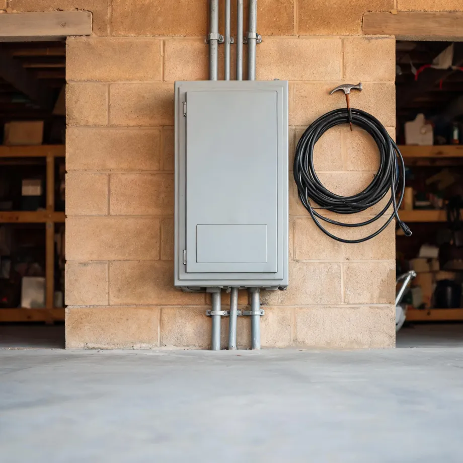 A gray electrical panel box mounted on a concrete block wall with conduit pipes above and below, beside a coiled black cable hanging from a hammer, with shelving visible in the background.