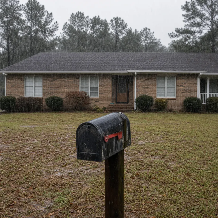 A black mailbox with a red flag on a weathered wooden post stands in a grassy yard during rain, in front of a single-story brick house with a dark shingle roof and tall pine trees behind it.