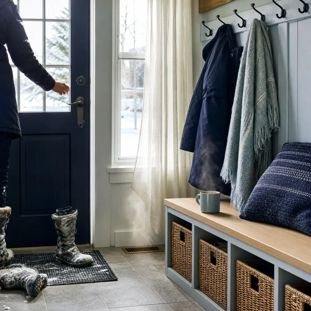 A mudroom with a dark blue door where a person in a dark coat reaches for the handle, snowy boots on a rug, a steaming mug on a wooden bench with wicker baskets, and a coat and throw hanging on wall hooks.