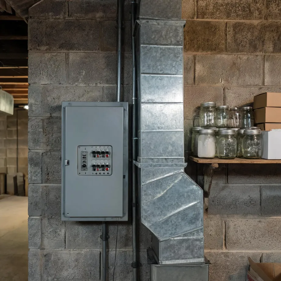 A basement interior with a gray electrical panel mounted on a concrete block wall, a galvanized sheet metal duct and conduit pipes running vertically, and a wooden shelf holding empty glass canning jars and cardboard boxes.
