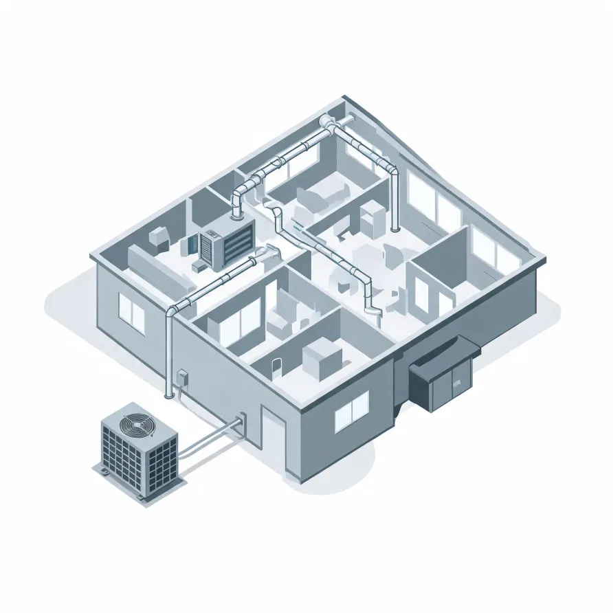 Isometric grayscale illustration of a cutaway house showing interior rooms, ceiling ductwork connected to an indoor air handler, and an outdoor condenser unit linked by lines along the exterior wall.