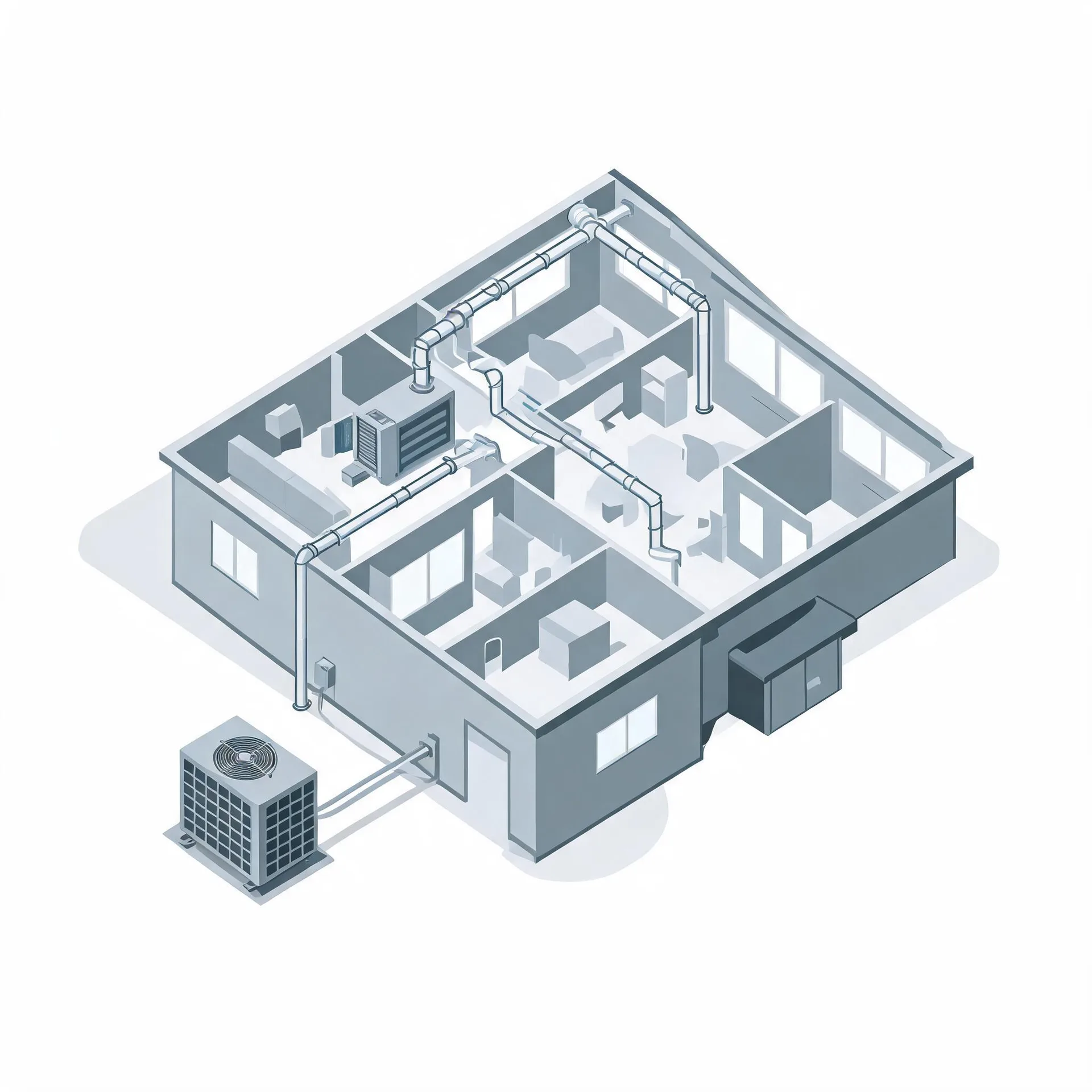 Isometric grayscale illustration of a cutaway house showing interior rooms, ceiling ductwork connected to an indoor air handler, and an outdoor condenser unit linked by lines along the exterior wall.