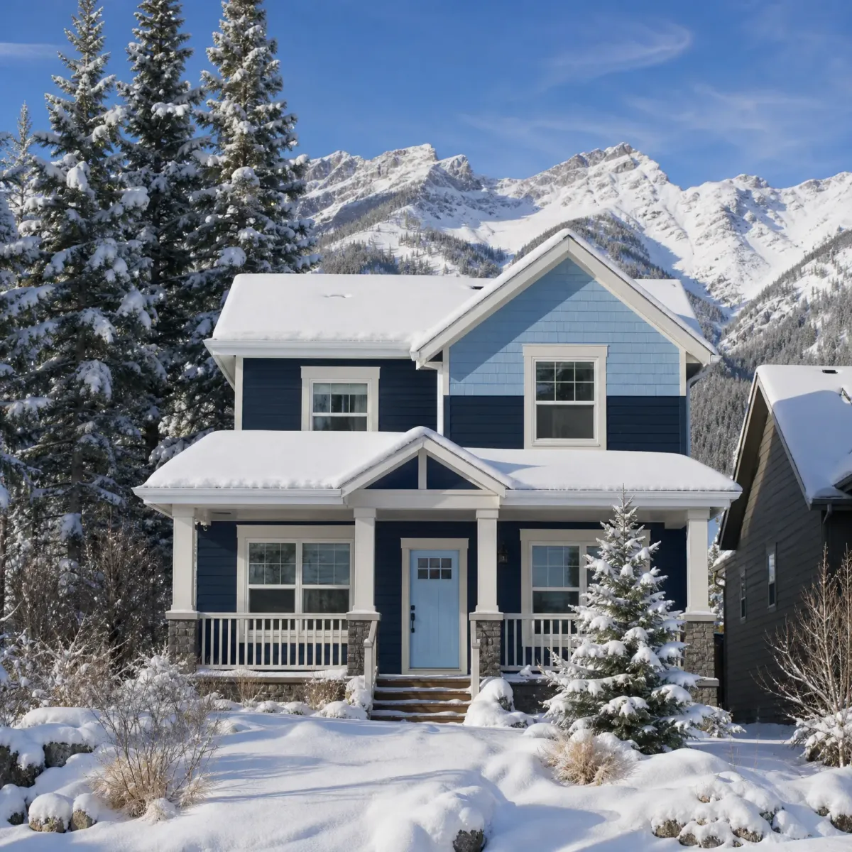 A two-story navy and light blue house with white trim, a covered porch and stone-base columns, surrounded by deep snow, snow-laden conifers, and snow-covered mountains under a clear blue sky.