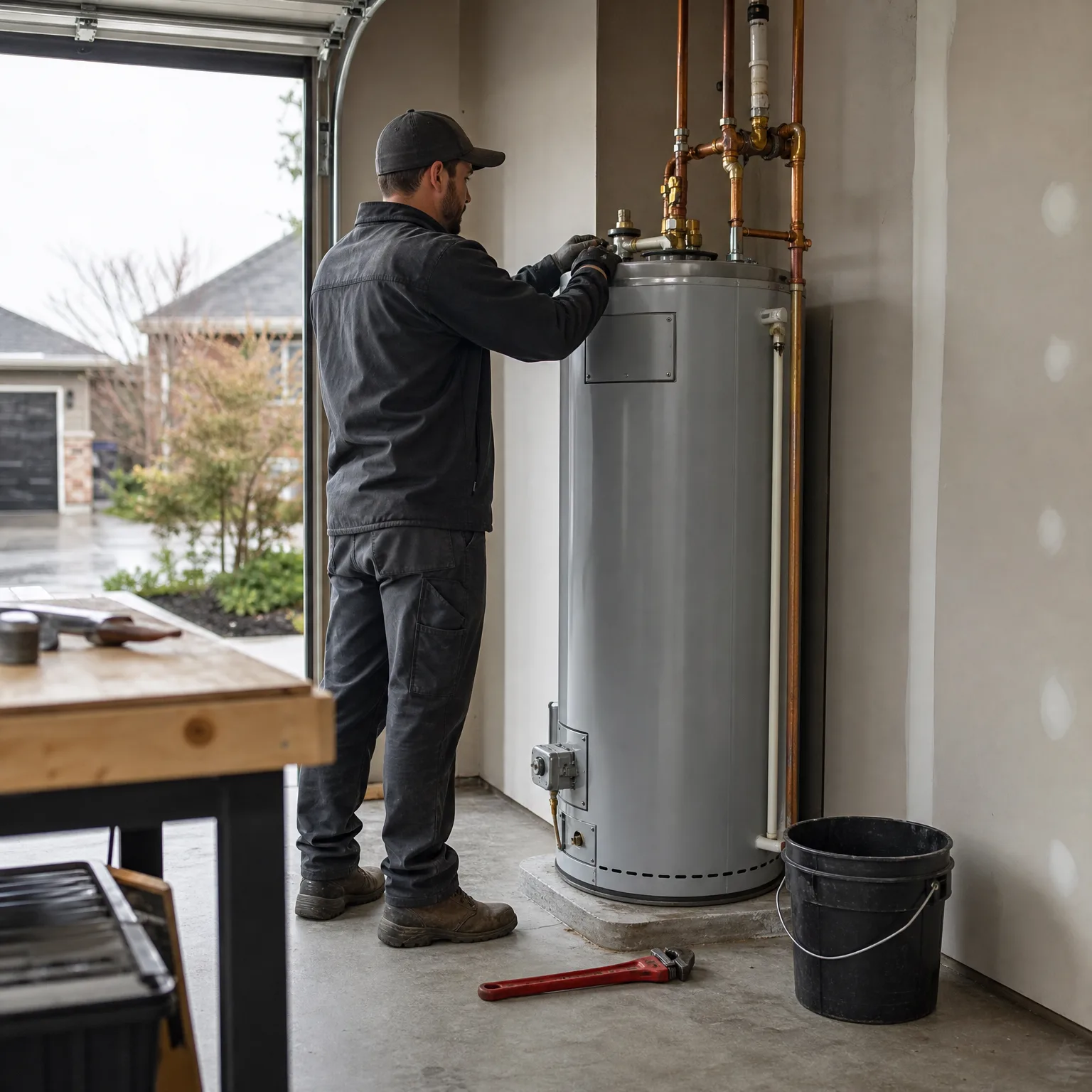 A man in a dark jacket, cap and gloves works on the top fittings of a gray water heater with copper piping in an open garage, with a red pipe wrench on the floor and a black bucket nearby.