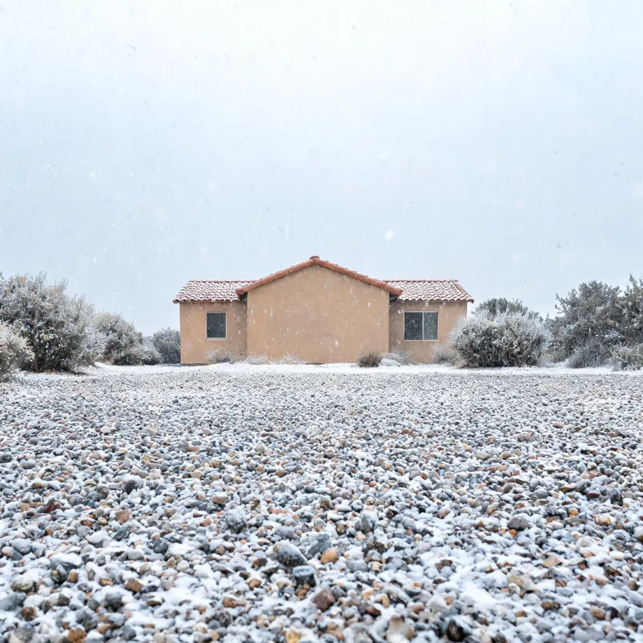 A single-story tan stucco house with a red tile roof stands behind a wide gravel yard dusted with snow, flanked by low shrubs, under a pale overcast sky with falling snowflakes.