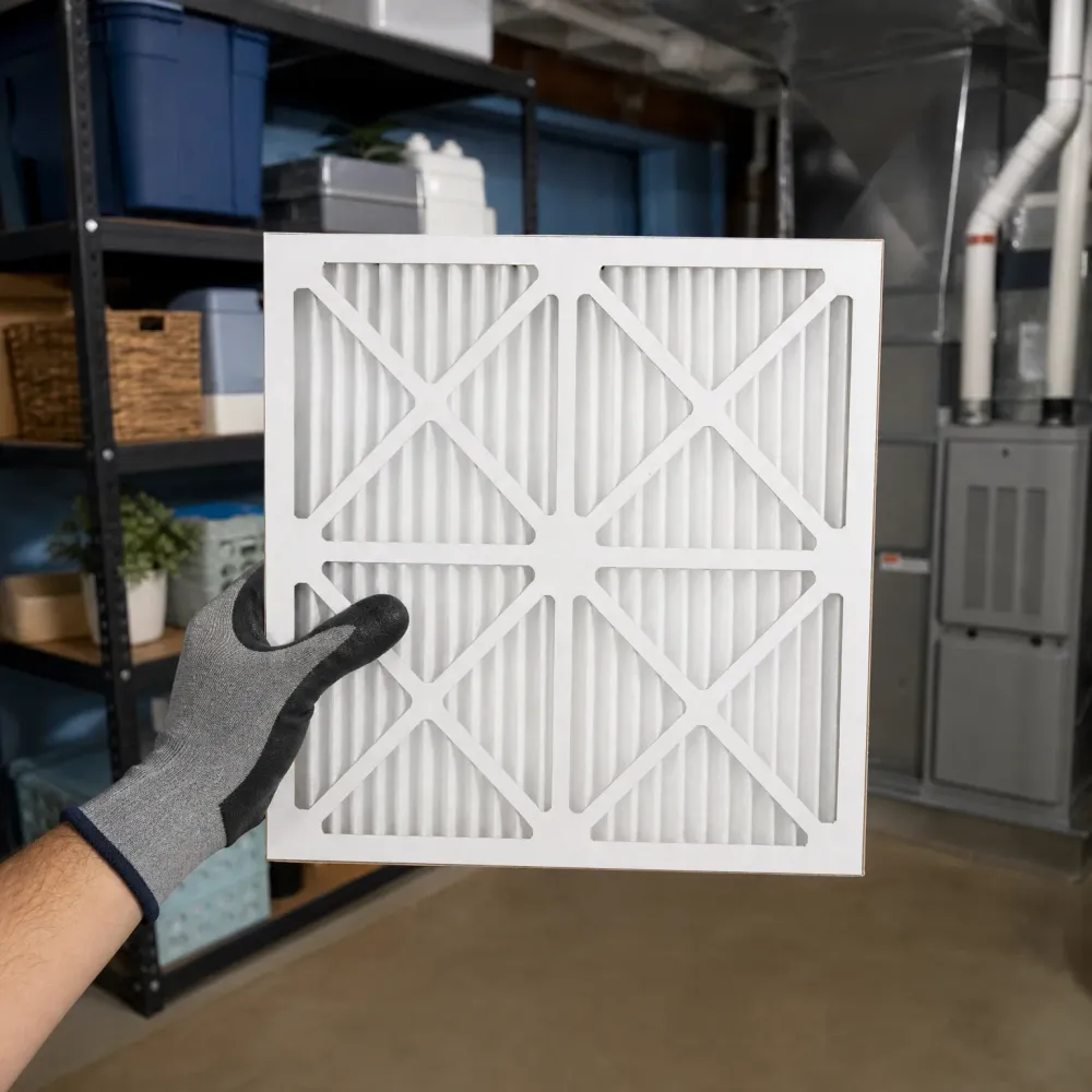 A gloved hand holds a square pleated air filter in a basement with metal shelving, storage bins, ductwork and a furnace in the background.