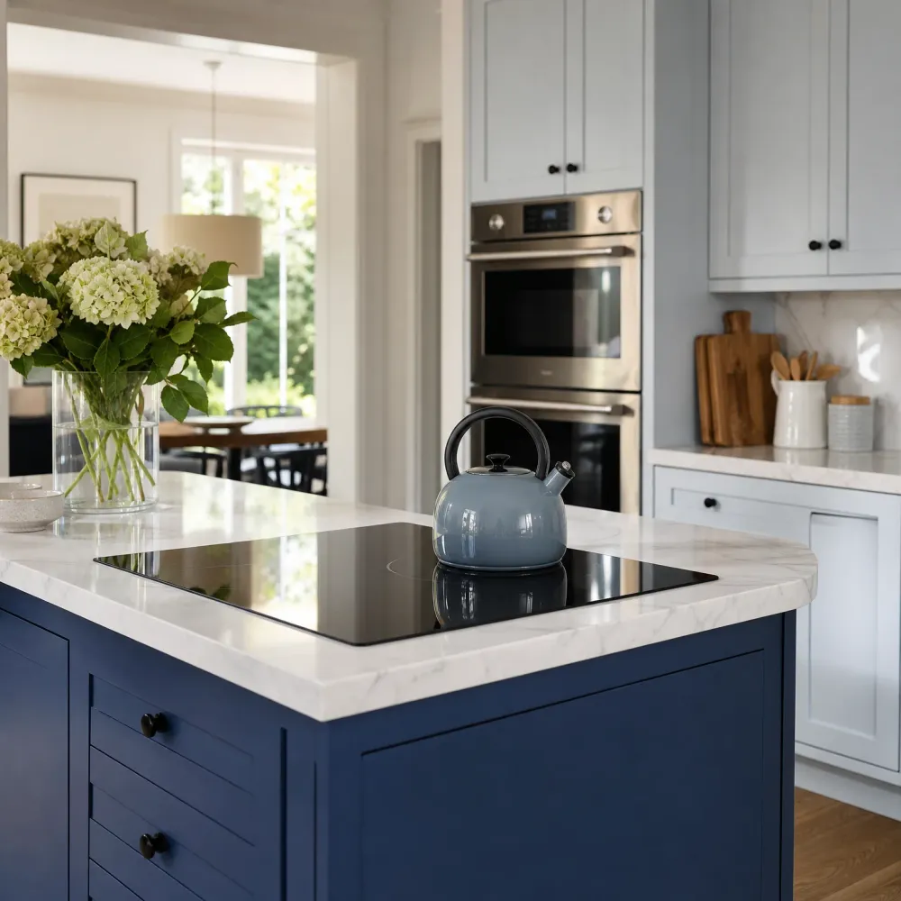 A kitchen with a navy blue island topped by a white marble-look counter holding a black induction cooktop, a light blue kettle and a glass vase of hydrangeas, with white cabinets and a stainless wall oven in the background.